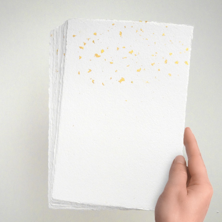 Büttenpapier A5, feine Textur, weiß, Goldglitzer halb, 340-400 gsm